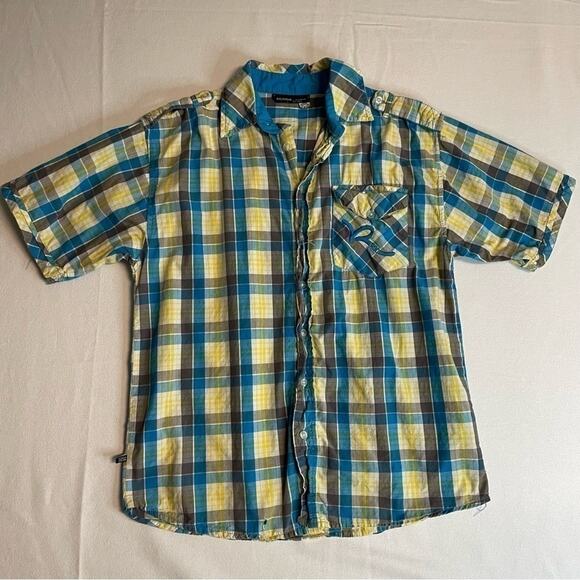 Rocawear Plaid Short Sleeve Button Down Shirt Boys Size 14 yellow blue - Picture 8 of 9